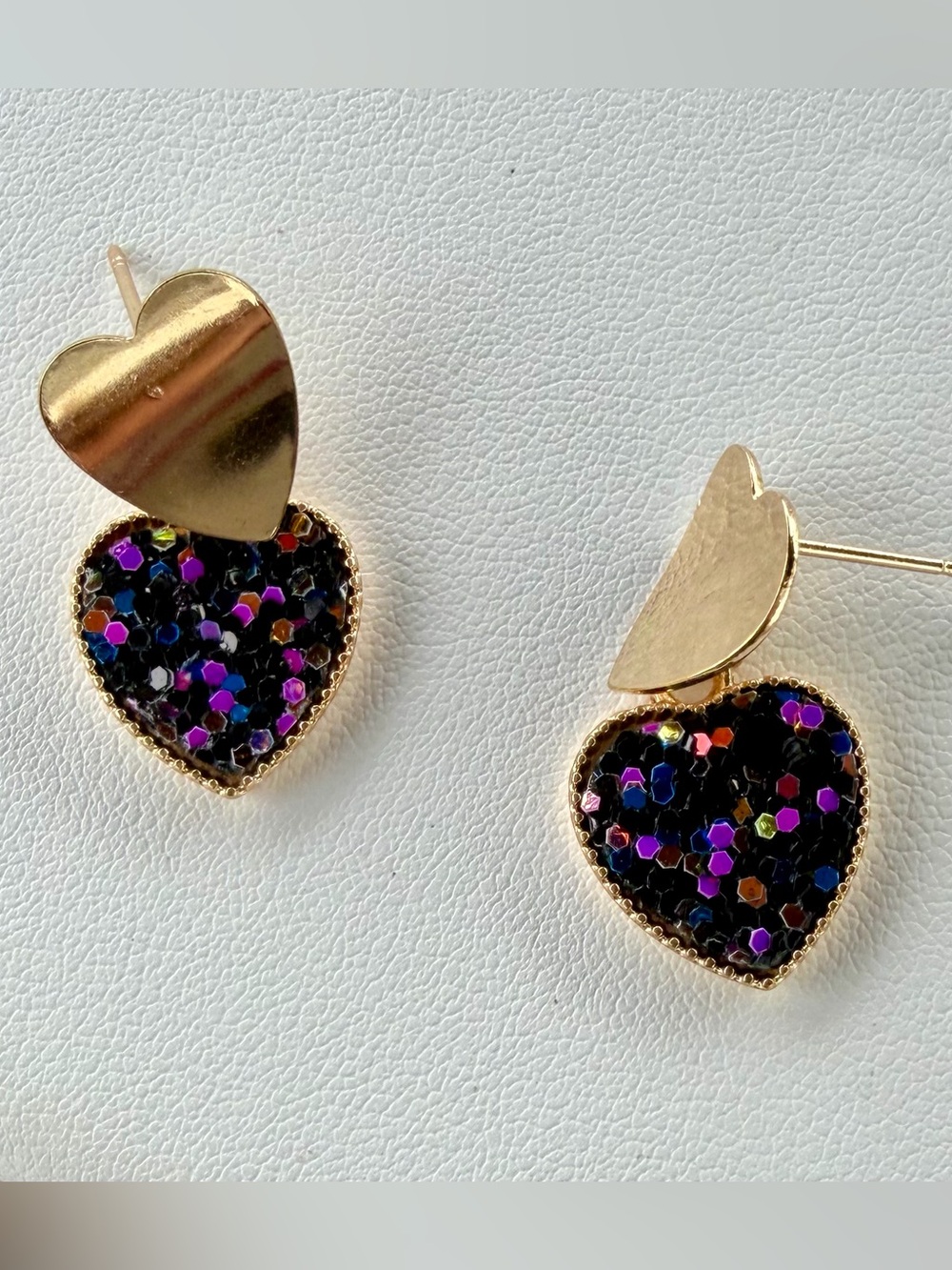 Gold Heart Drop Earrings with Black Iridescent Glitter